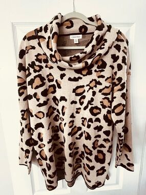 Calvin Klein Beige and Brown Leopard Cowl Neck Sweater